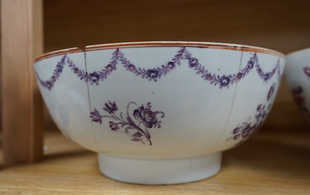 Three late 18th century Chinese porcelain bowls, (all damaged), noticed 28.5cm diameter. Condition - poor.